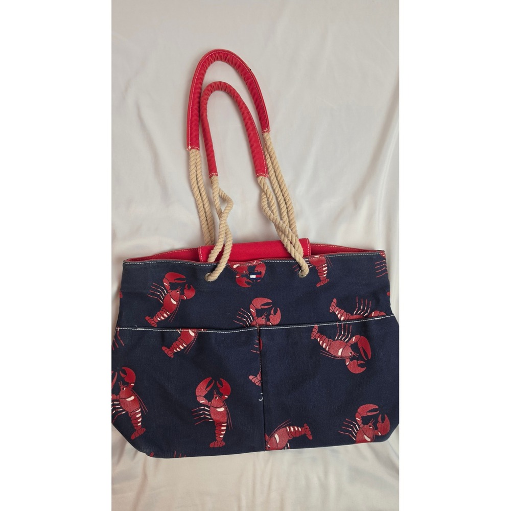Tommy Hilfiger Cape Cod Nautical Lobster Print Canvas Tote Bag Rope Handle Navy